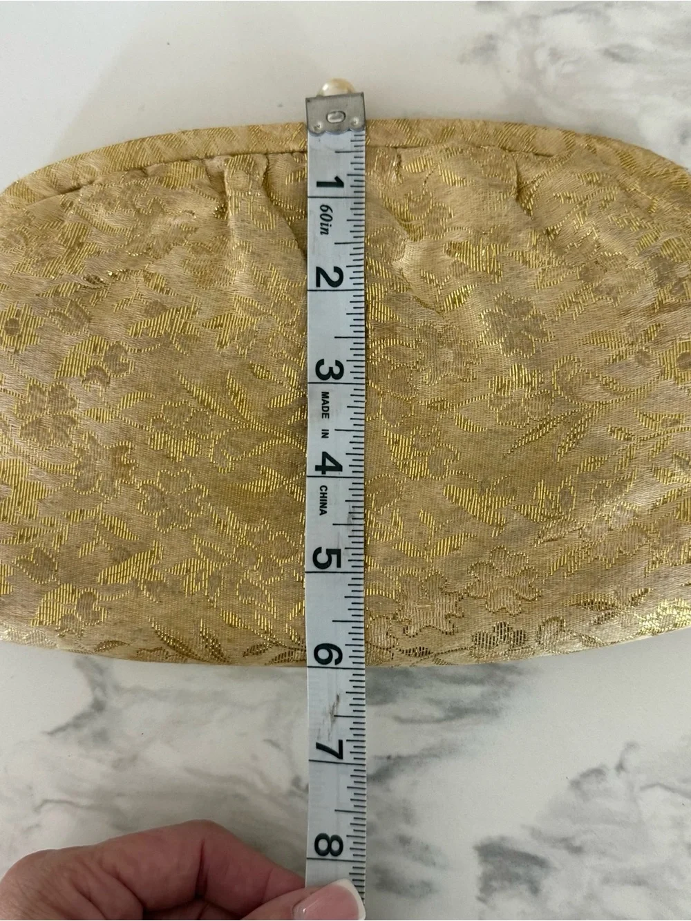 Gold Jacquard Pearl-Clasp Evening Clutch
